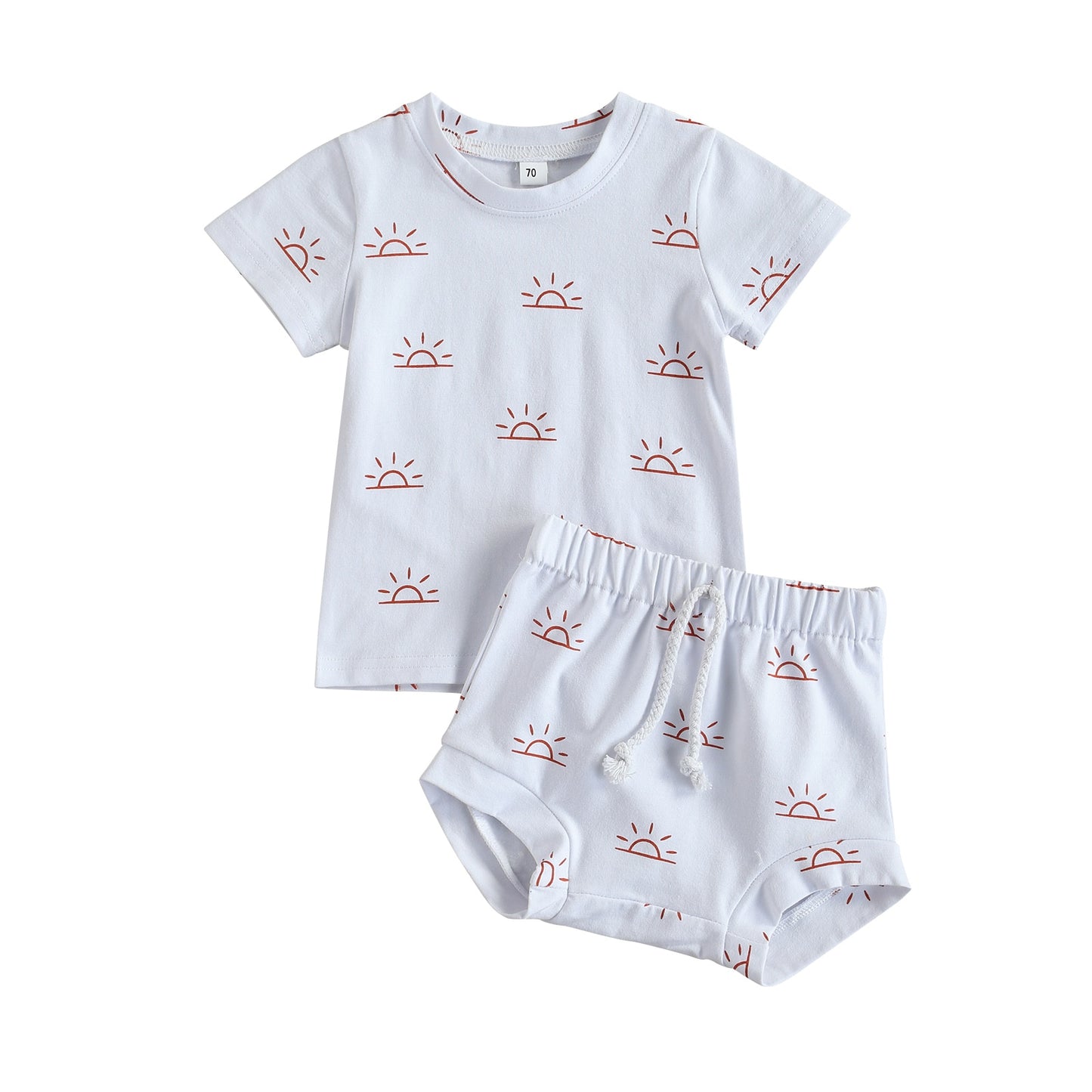 2 Pcs - Short Sleeve Sun Print Top + Shorts Set