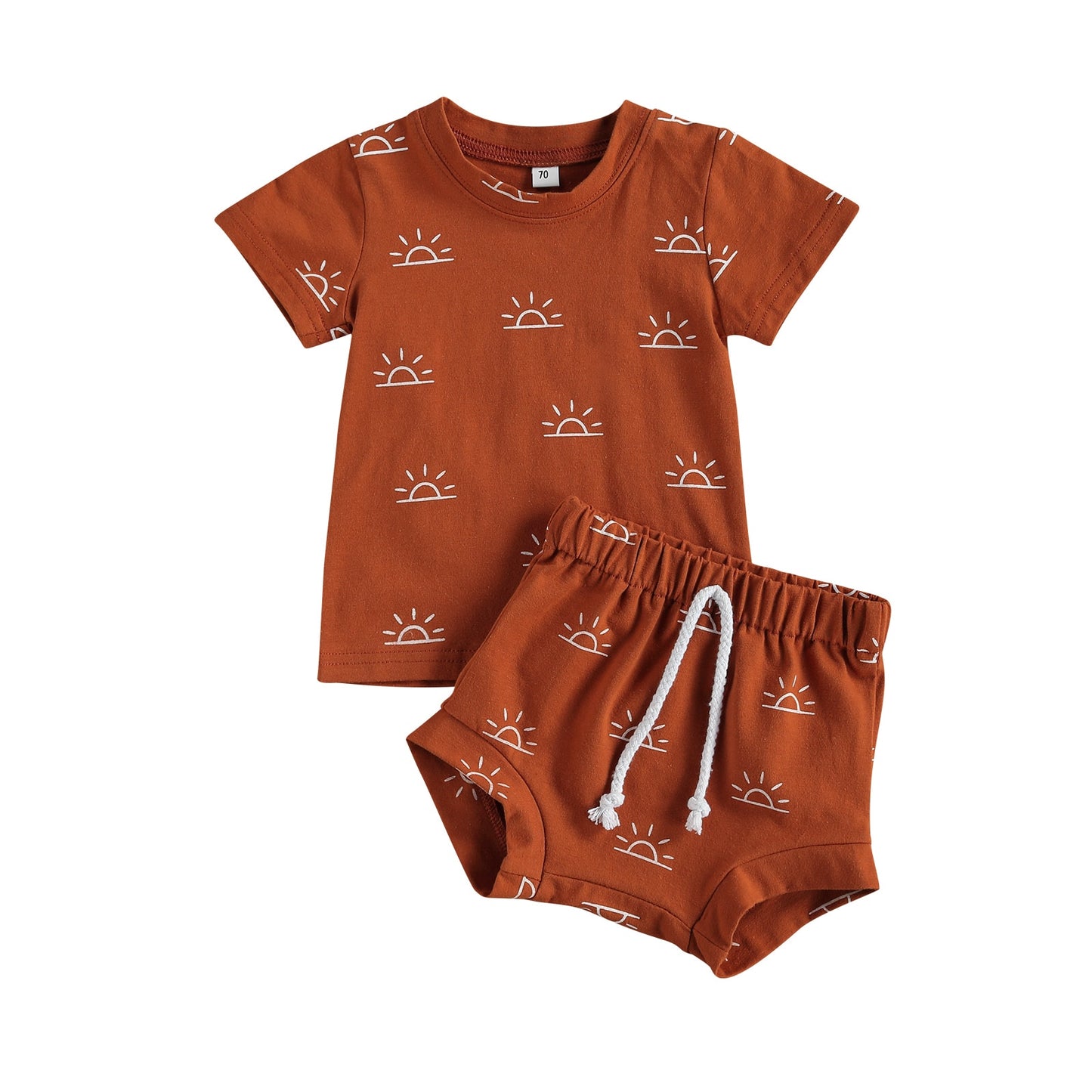 2 Pcs - Short Sleeve Sun Print Top + Shorts Set