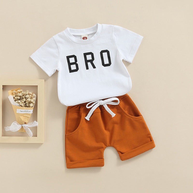 2 Pcs - 'Bro' Short Sleeve T Shirts + Elastic Solid Shorts