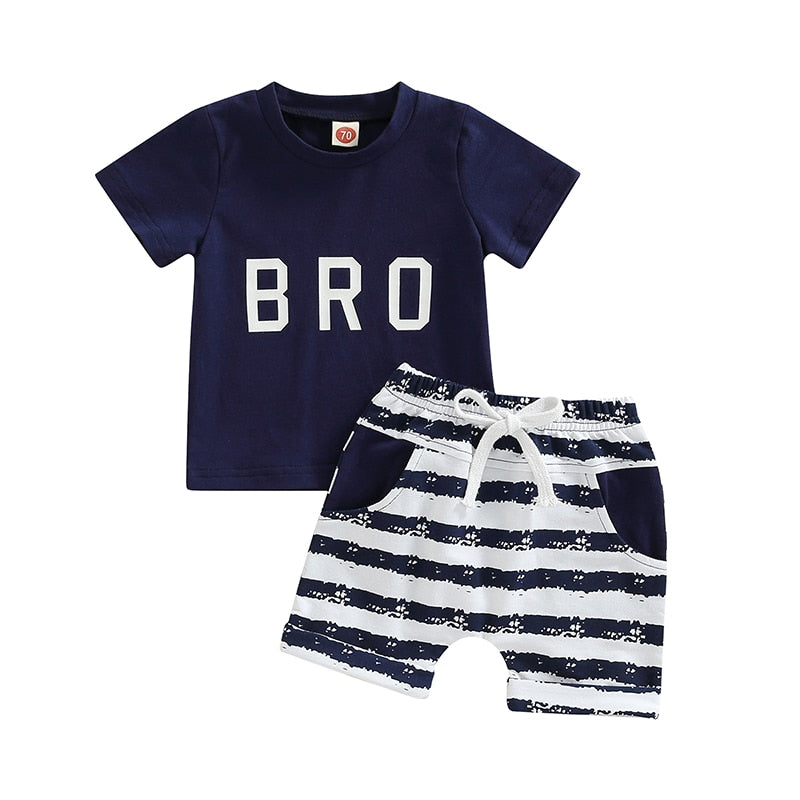 2 Pcs - 'Bro' Short Sleeve T Shirts + Elastic Solid Shorts