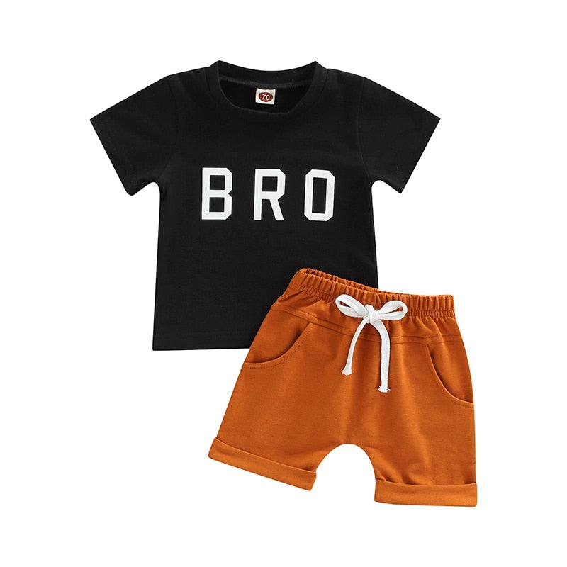 2 Pcs - 'Bro' Short Sleeve T Shirts + Elastic Solid Shorts