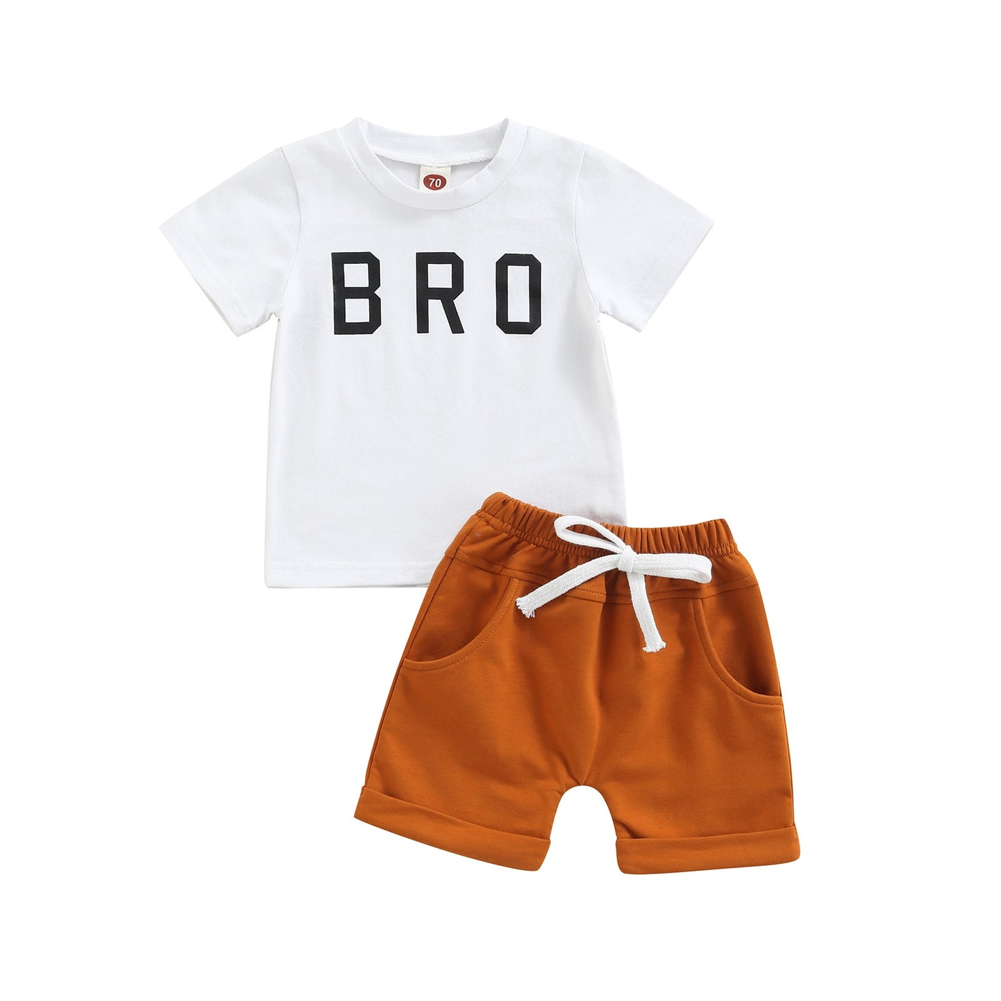 2 Pcs - 'Bro' Short Sleeve T Shirts + Elastic Solid Shorts