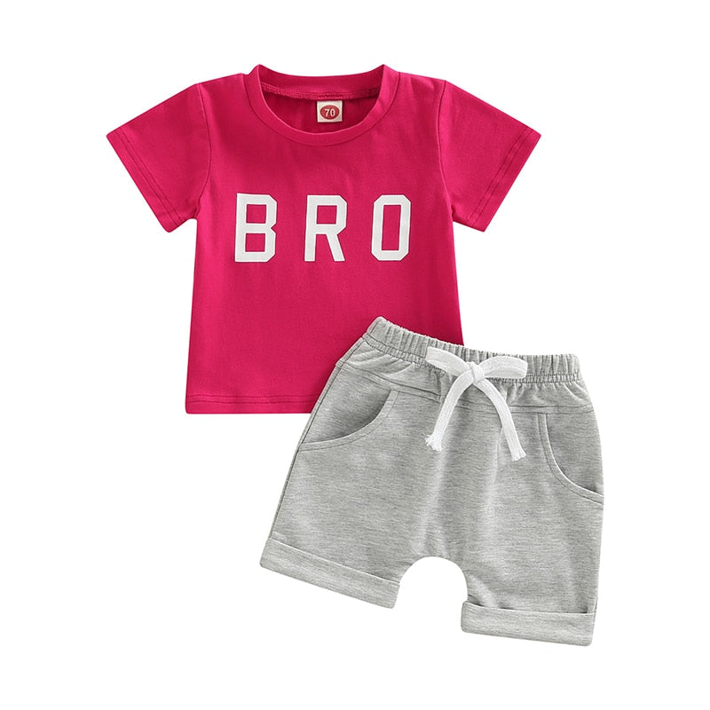 2 Pcs - 'Bro' Short Sleeve T Shirts + Elastic Solid Shorts