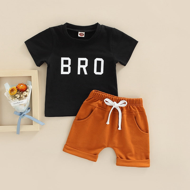 2 Pcs - 'Bro' Short Sleeve T Shirts + Elastic Solid Shorts