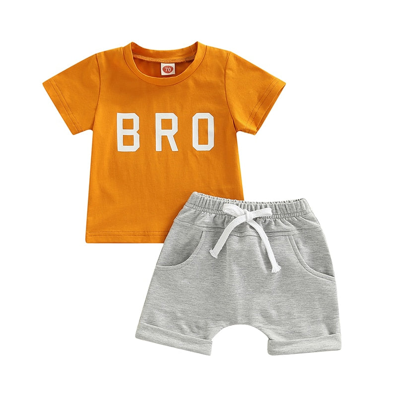 2 Pcs - 'Bro' Short Sleeve T Shirts + Elastic Solid Shorts