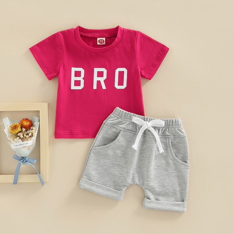 2 Pcs - 'Bro' Short Sleeve T Shirts + Elastic Solid Shorts