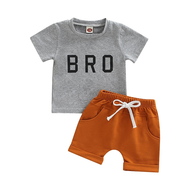 2 Pcs - 'Bro' Short Sleeve T Shirts + Elastic Solid Shorts