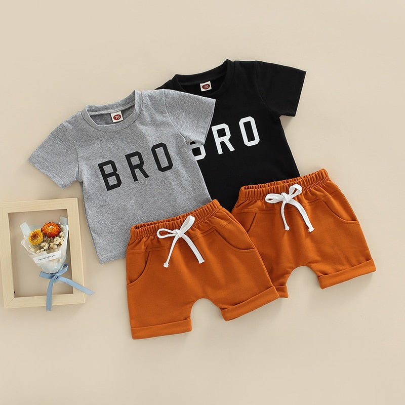 2 Pcs - 'Bro' Short Sleeve T Shirts + Elastic Solid Shorts