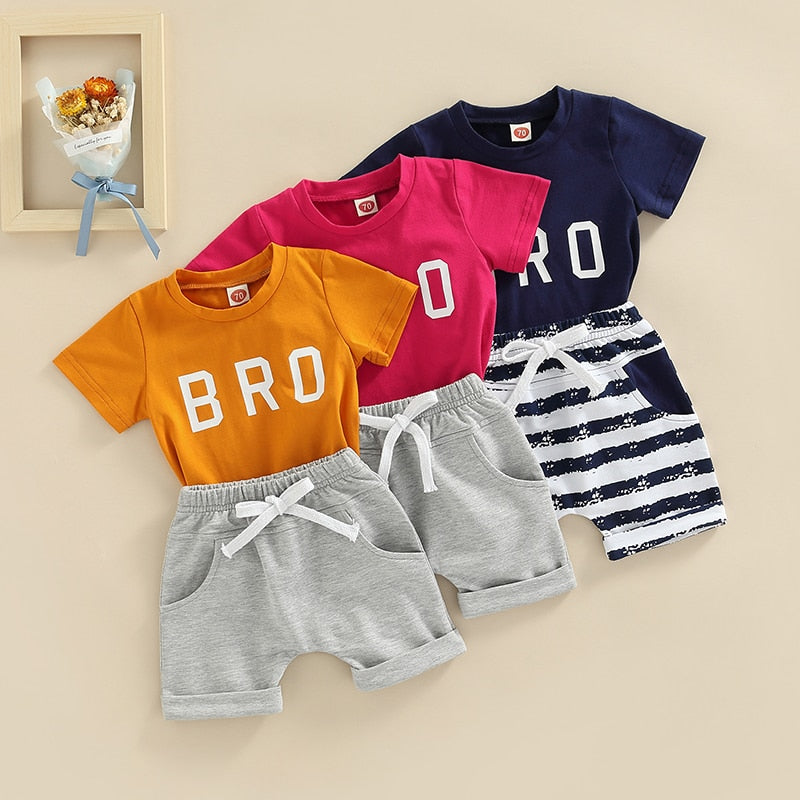 2 Pcs - 'Bro' Short Sleeve T Shirts + Elastic Solid Shorts