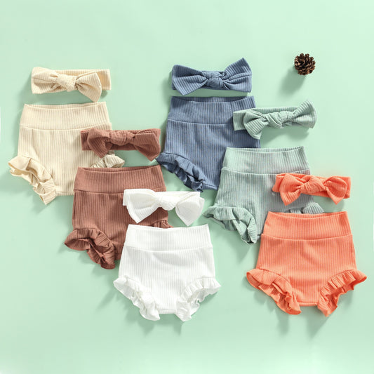 2 Pcs - High Waist Elastic Lace Shorts + Bow Headwear Set