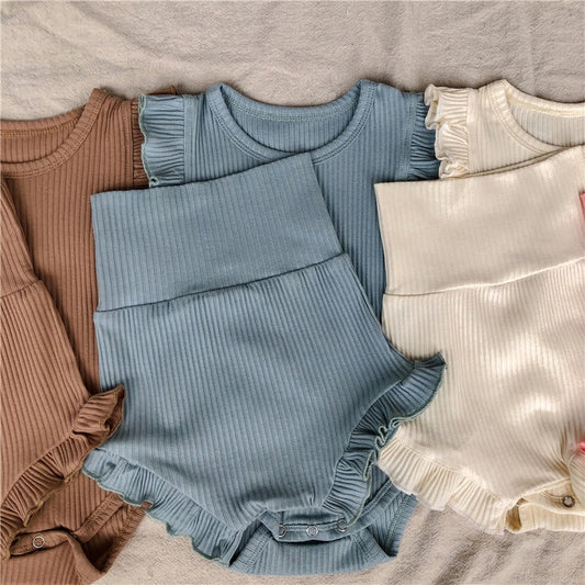 2 PC Set - Soft Ribbed Cotton Bodysuit + Shorts