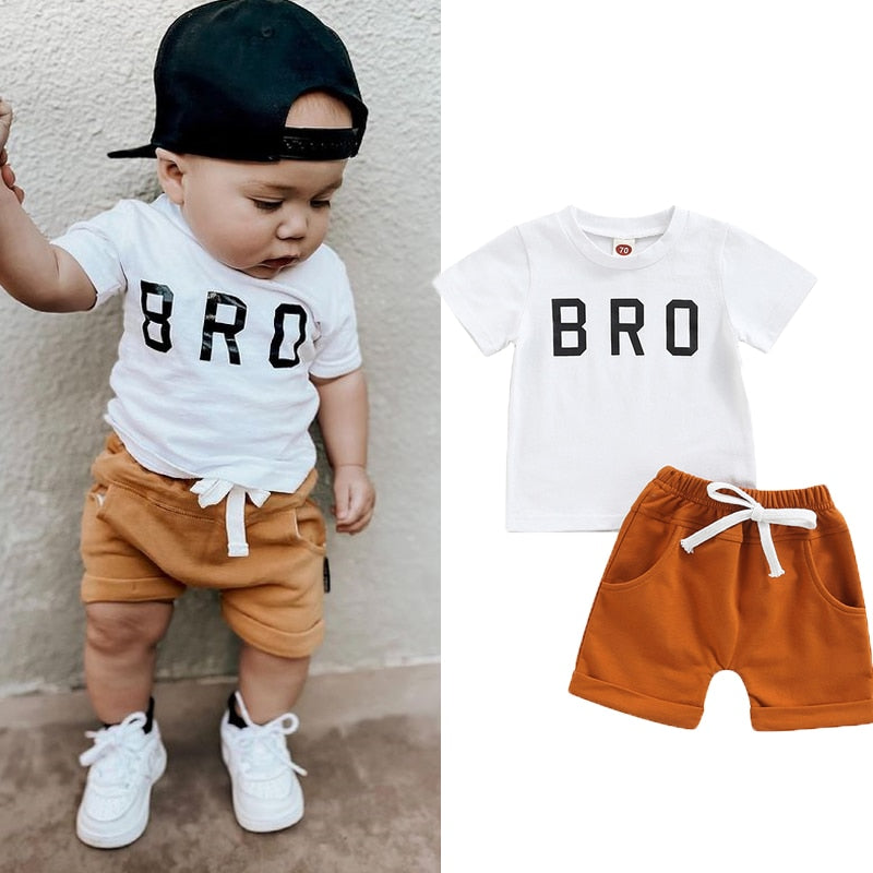 2 Pcs - 'Bro' Short Sleeve T Shirts + Elastic Solid Shorts