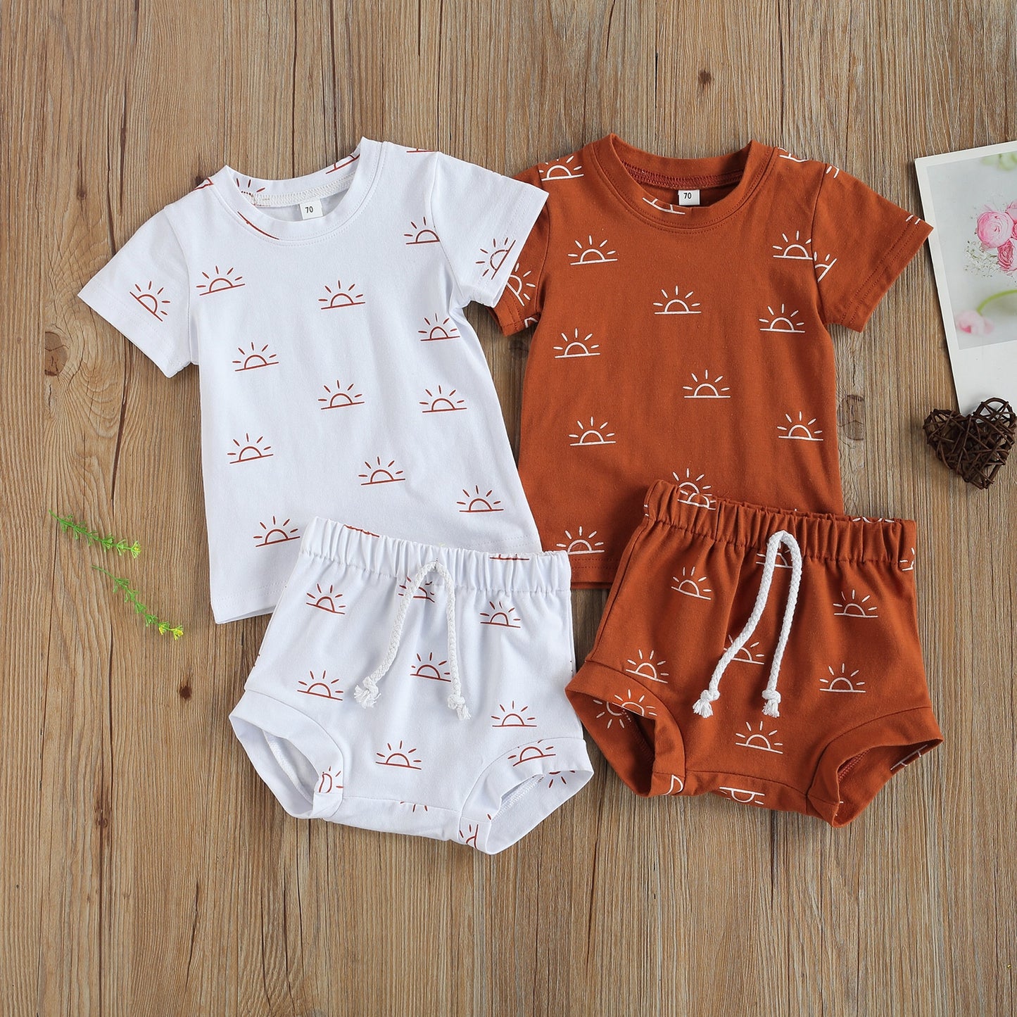 2 Pcs - Short Sleeve Sun Print Top + Shorts Set