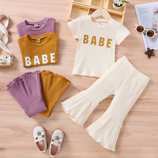 2 Pc - 'Babe' Ribbed T-Shirt + Ribbed Bell Bottom Pants